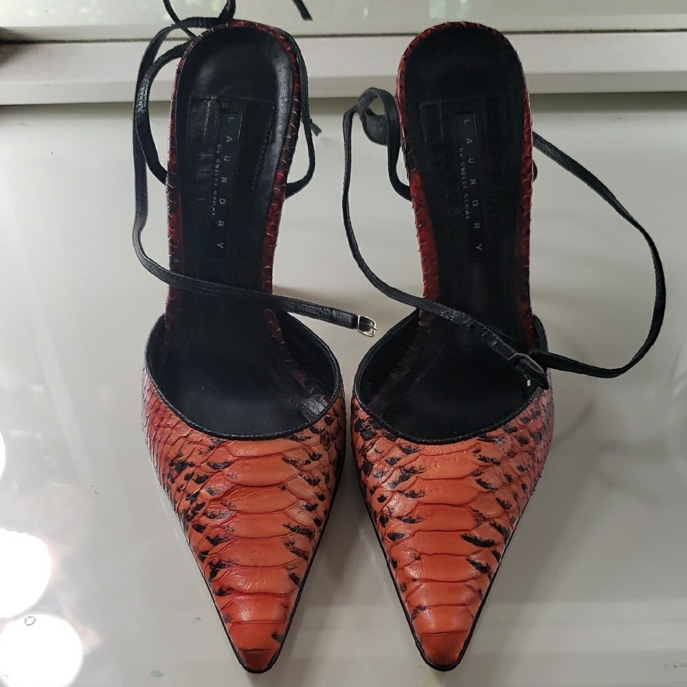 Laundry BY Shelli Segal Snake Skin Print Leather Orange Strappy Women's Heels